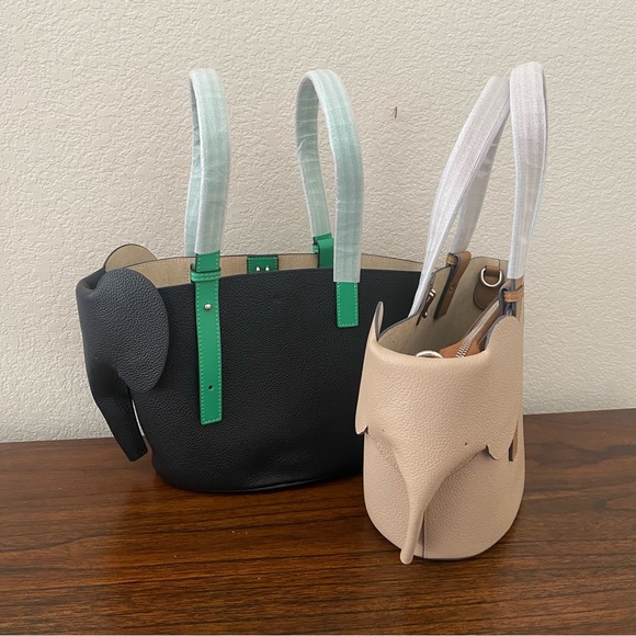 Cute Black Green Elephant Colorblock Basket Tote w/ Crossbody Strap Contrast S14 - Picture 15 of 16